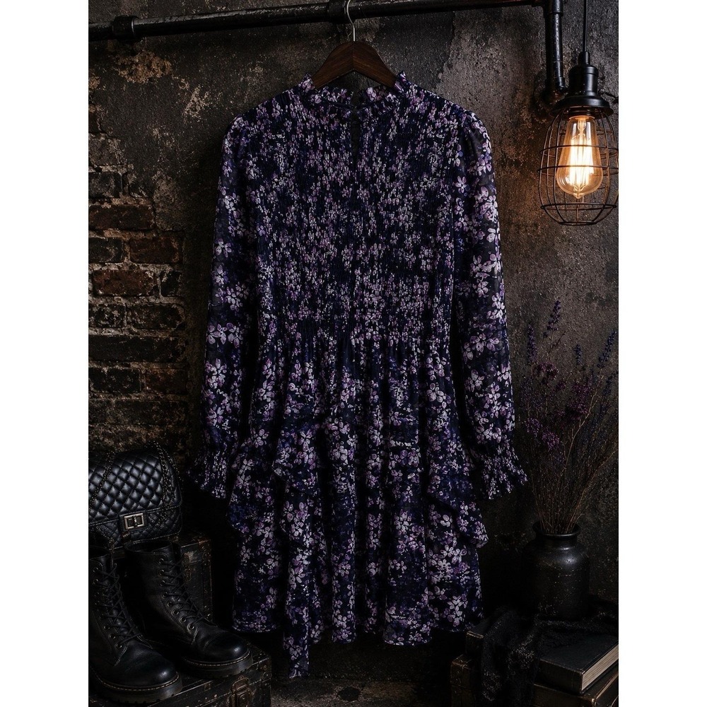 EST. 1946 Women's Floral Smocked Ruffle Dress Black Purple Size S Lined CATOS